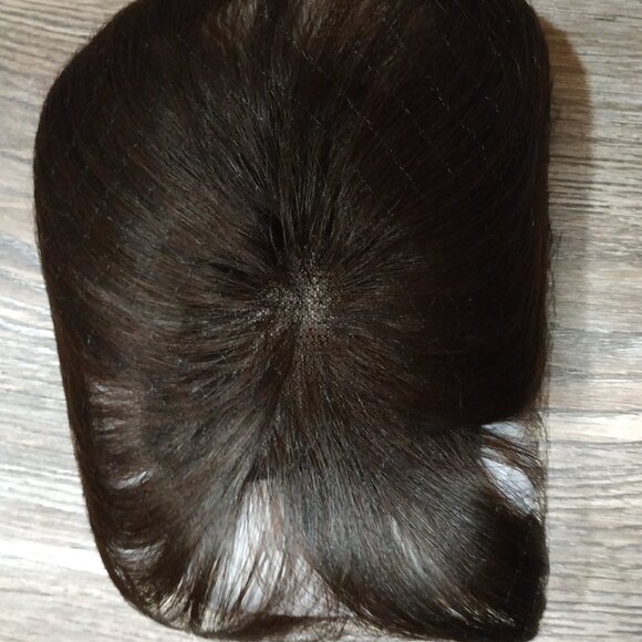 Real Human Hair Topper with Bangs, 10" Cocoa Brown - Picture 6 of 7
